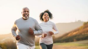 Happy, healthy couple jogging outdoors